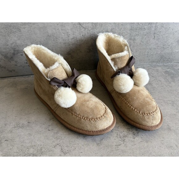 UGG Kallen Brown Chestnut Suede Pom Pom Bow Leather Slippers Women’s 8 WARM - Picture 1 of 7